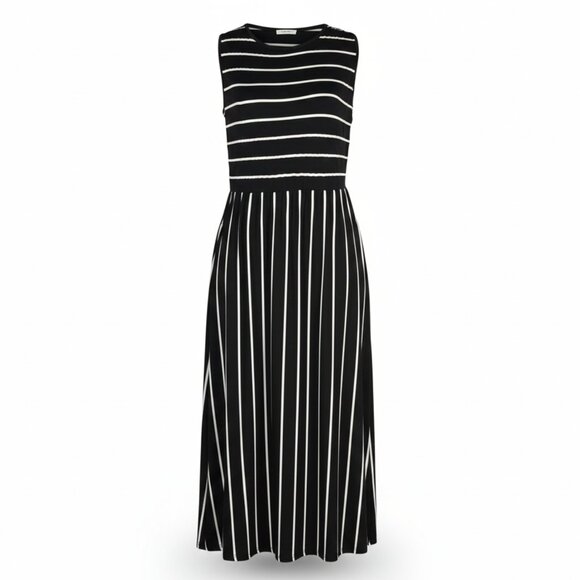 NWOT | Black White Stripe Sleeveless Maxi Dress A-Line Side Pockets | Large - Picture 1 of 6